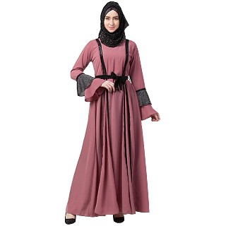 Designer umbrella abaya with sequins work- Puce Pink